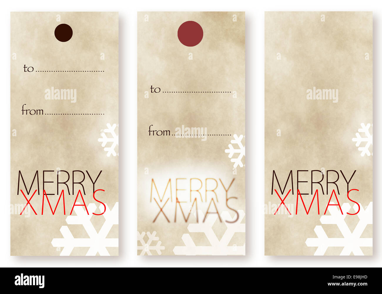 Merry Christmas card templates in vertical format with space for text or your seasonal message with falling snowflakes on a beige background Stock Photo