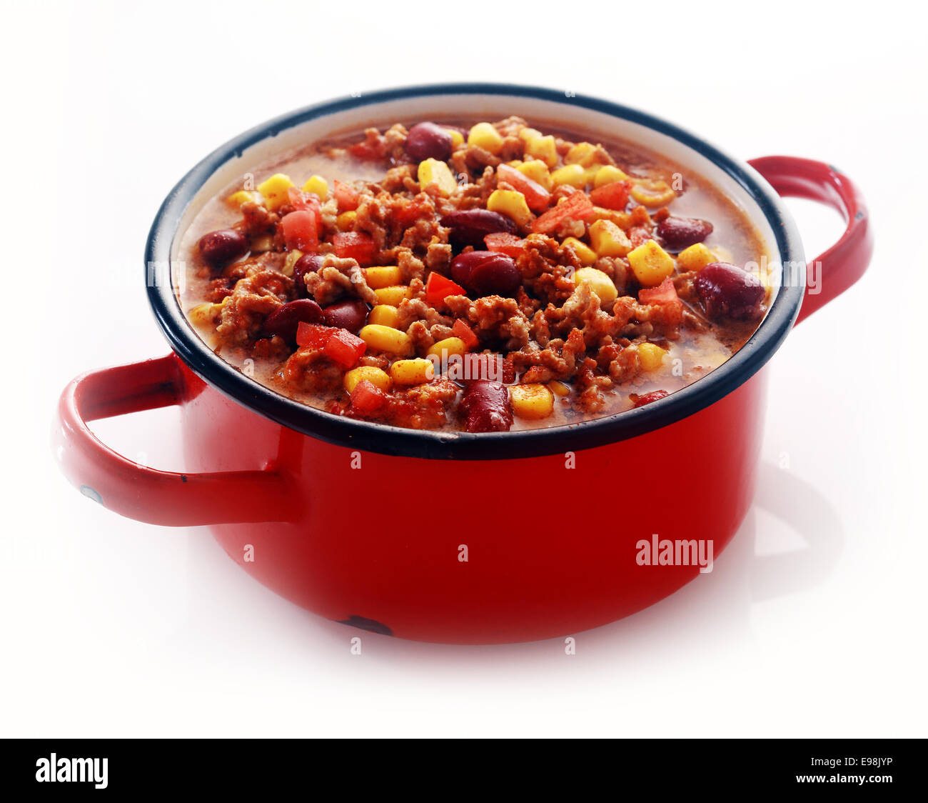 Close up One Full Red Pot of Appetizing Healthy Meaty Main Dish Isolated on White Background. Stock Photo