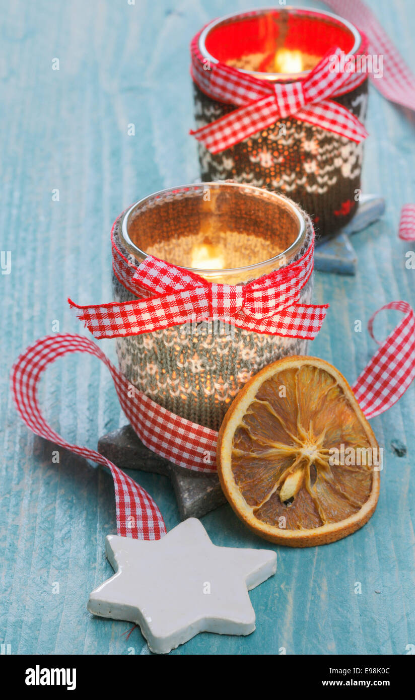 christmas light with dried fruits and a red-white bow Stock Photo