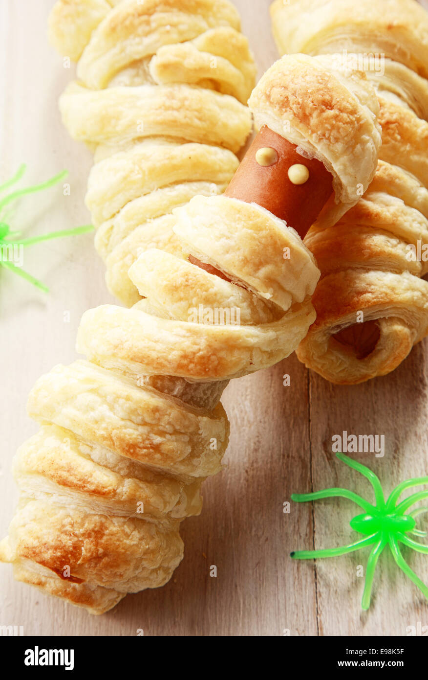 Halloween Appetizer of Weiner Wrapped in Pastry to Look Like a Mummy Stock Photo