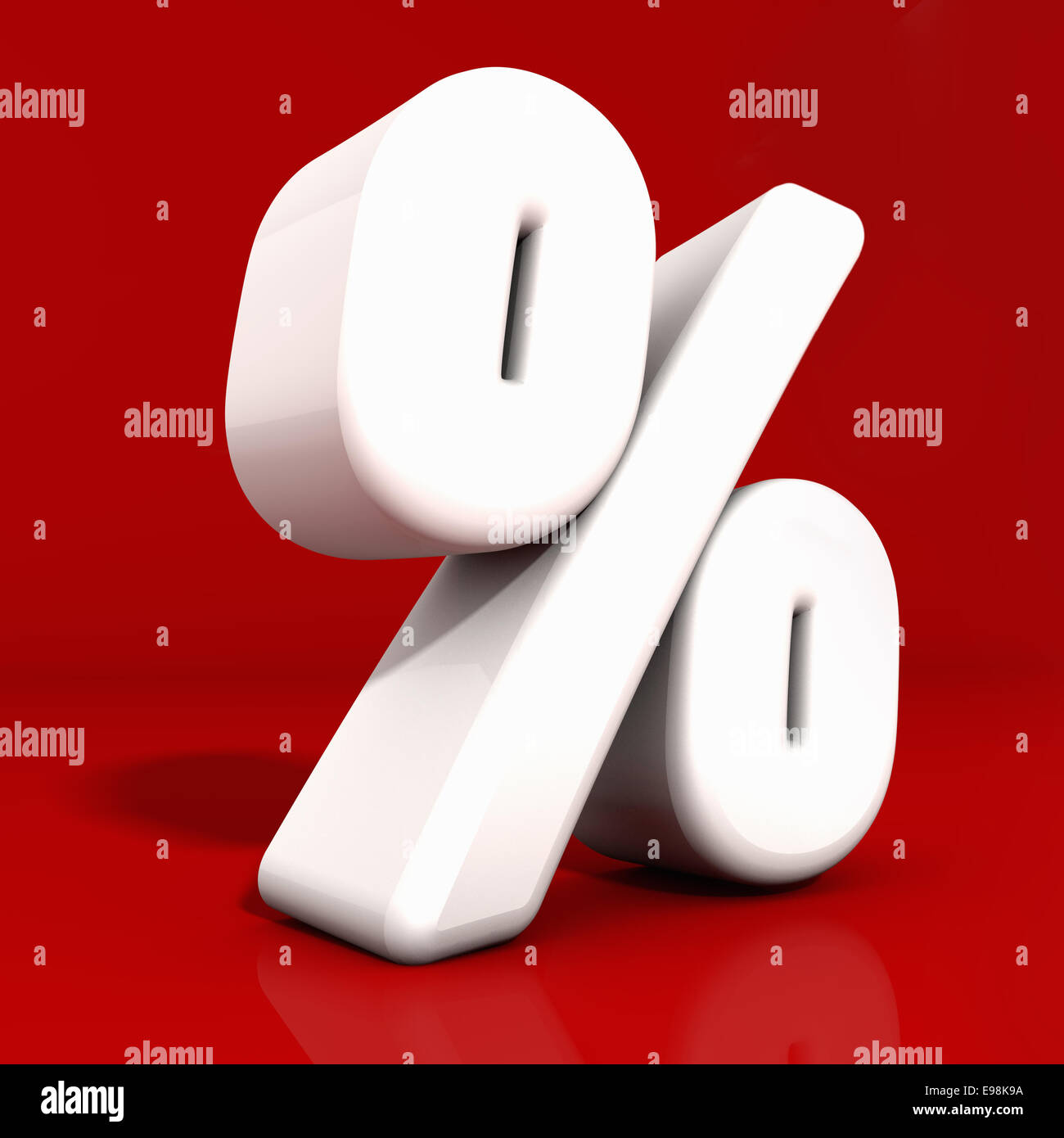 3d white percentage icon with rounded edges and reflection obliquely angled on red Stock Photo