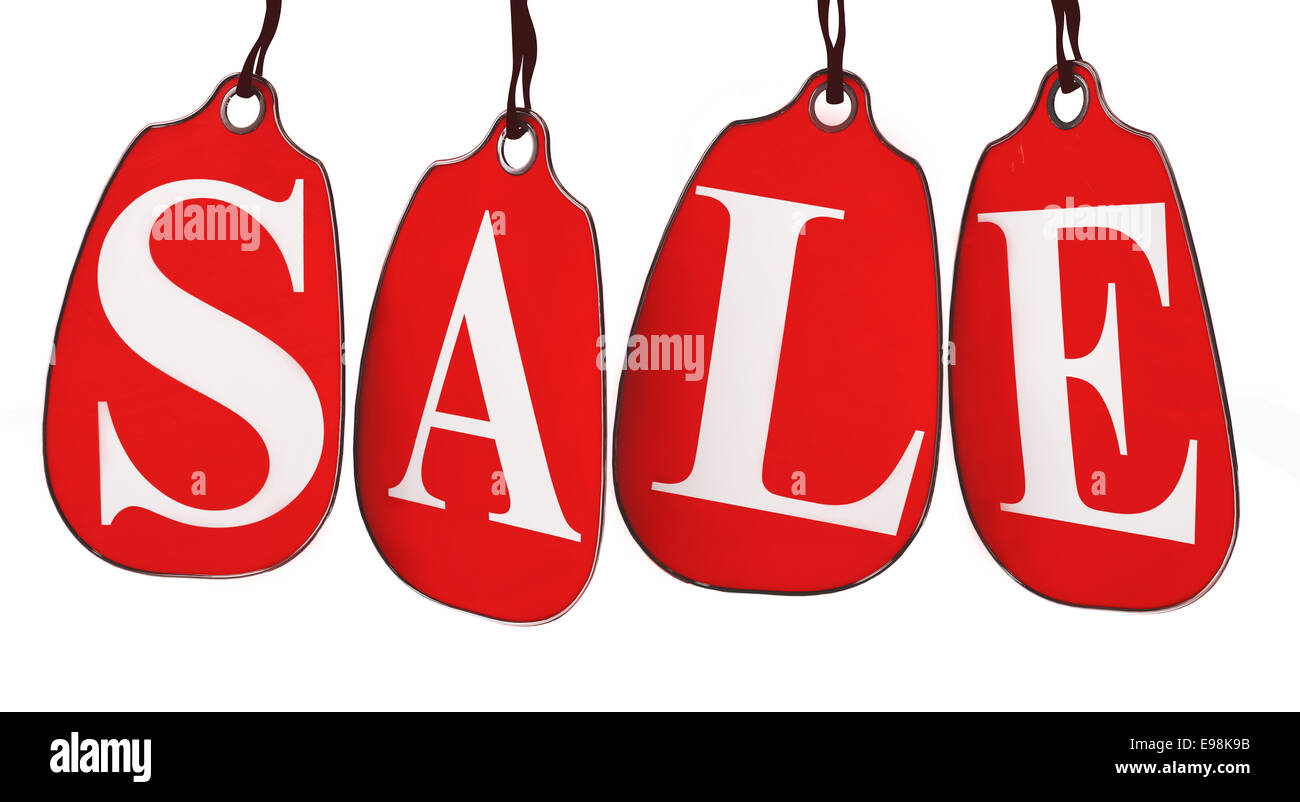 Red Sale Tags. Four red tags with the letters S,A,L,E on them hanging on hooks isolated on white. Stock Photo