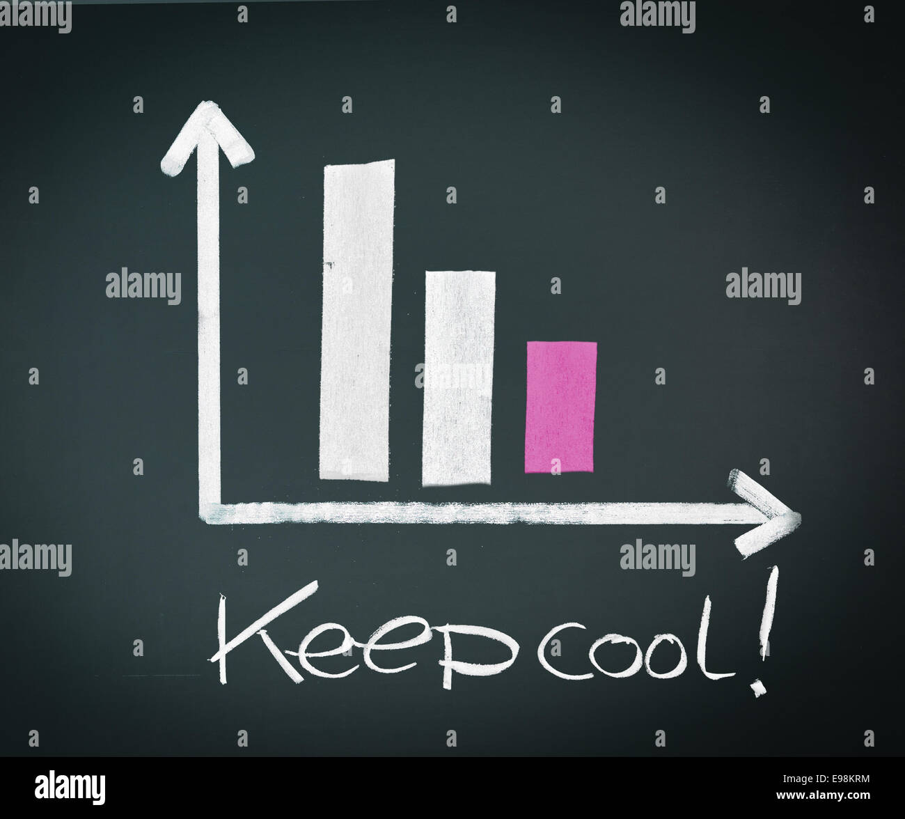 Decreasing Bar Graph with two bars decreasing in size over time, handdrawn in chalk on a chalkboard, with the words Keep cool Stock Photo