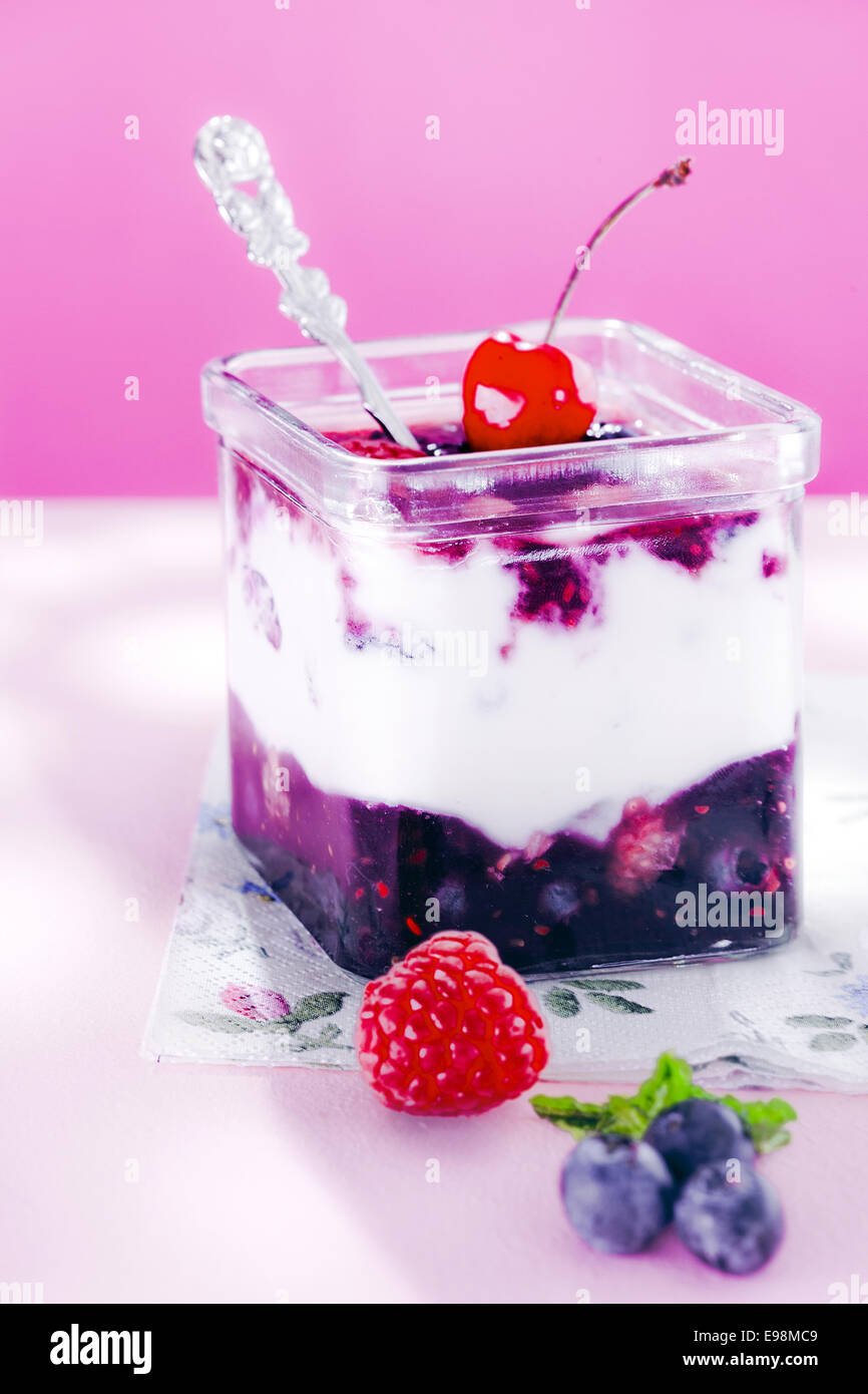 Sweet fruit cream with fresh blueberries, raspberry and cherry Stock Photo