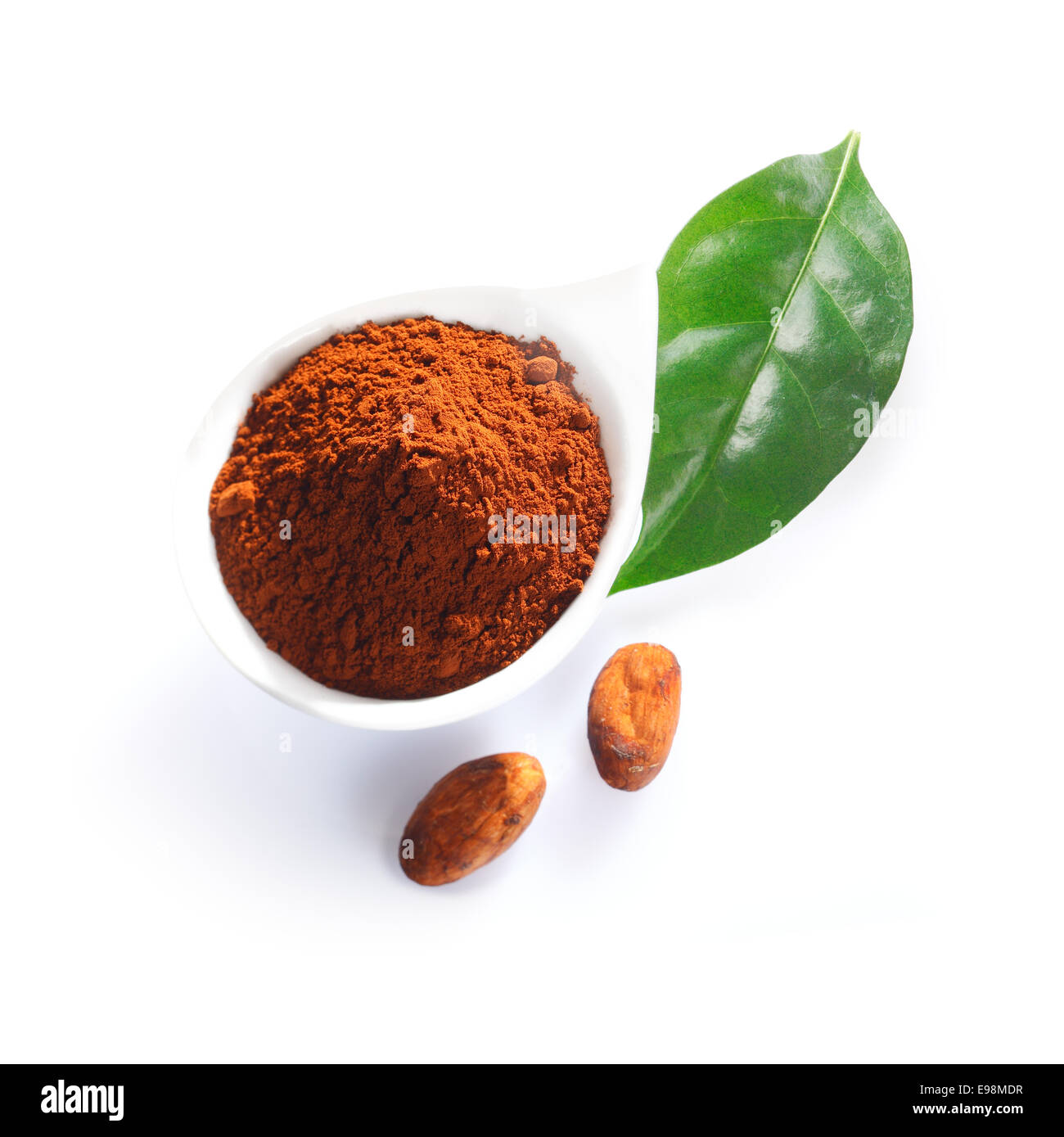 Cacao powder, leaf and cacao beans isolated on white Stock Photo