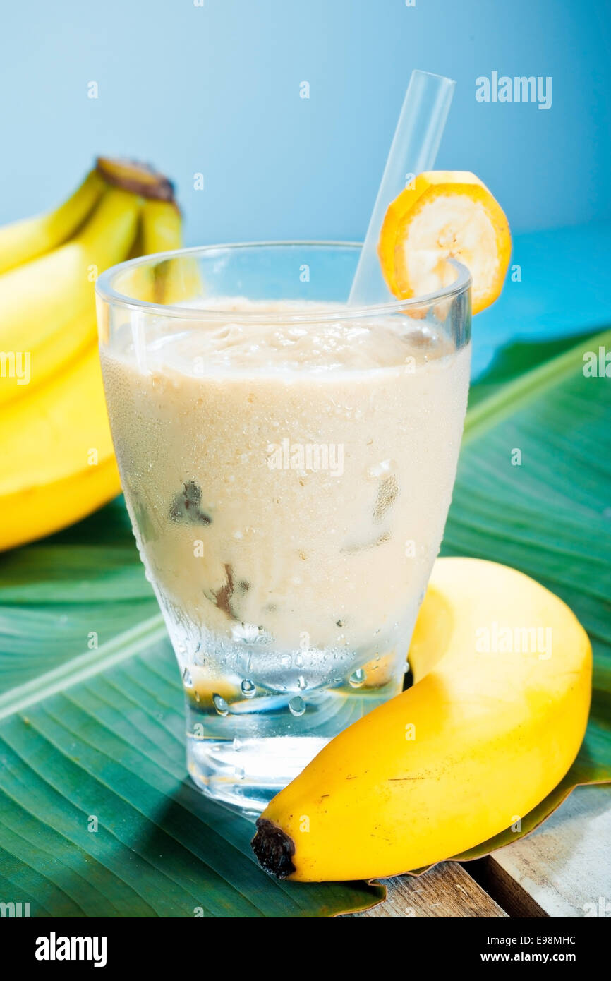 Creamy banana smoothie blended with fresh yoghurt in a glass with ripe bananas and a banana leaf Stock Photo