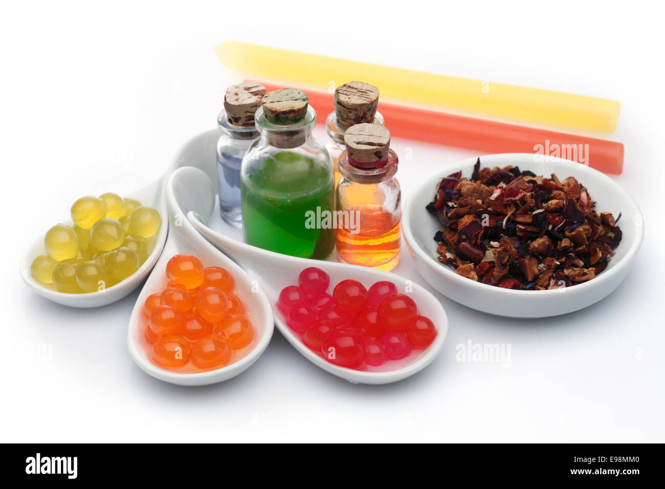 Boba bubble tea ingredients arrangement with assorted syrup and pearls Stock Photo