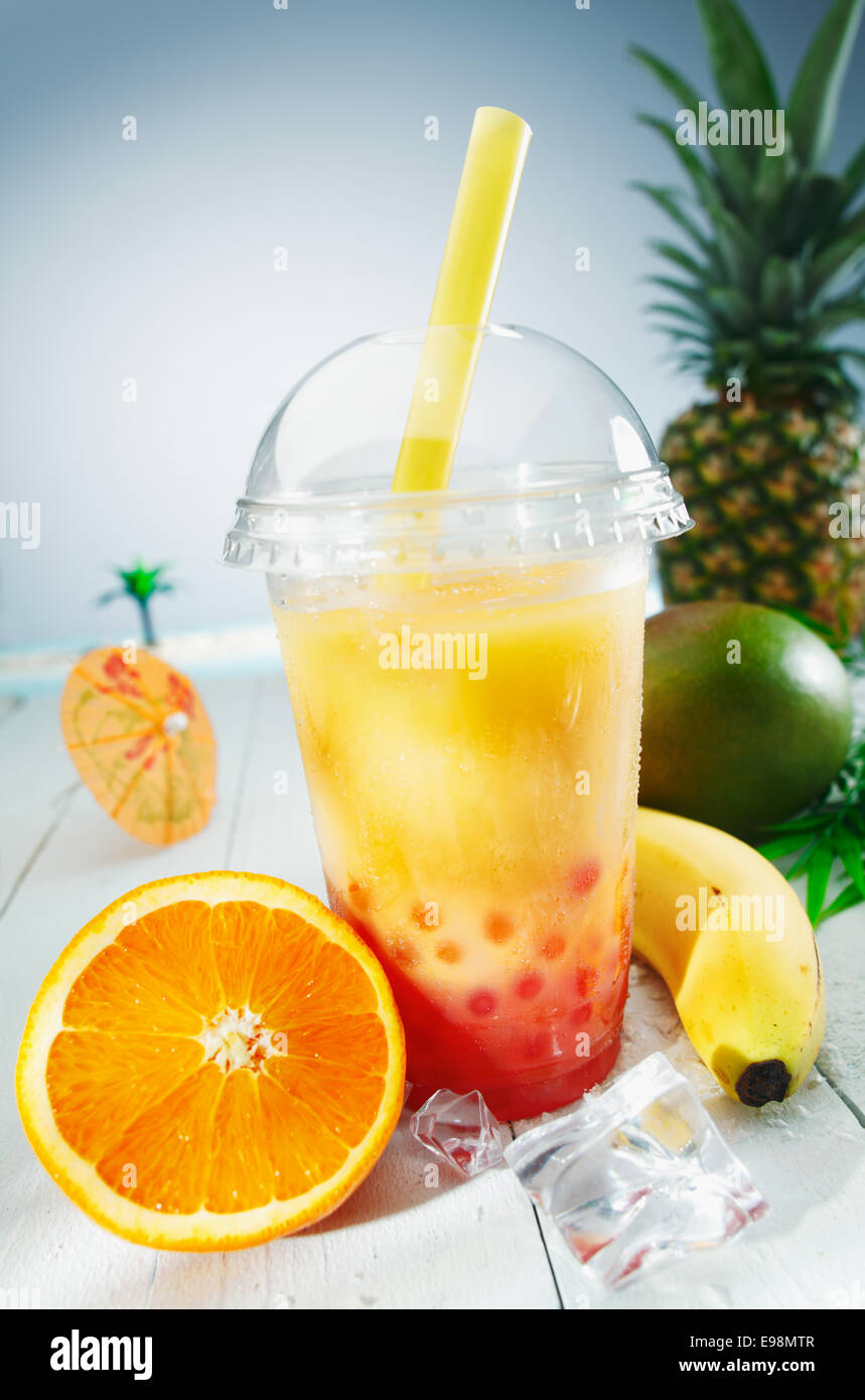 Healthy bubble tea tropical fruit smoothie with banana, mango