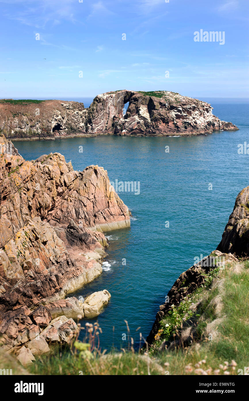 Looking across the bay to the Rock of Dunbuy near Bullers of Buchan in Aberdeenshire Stock Photo