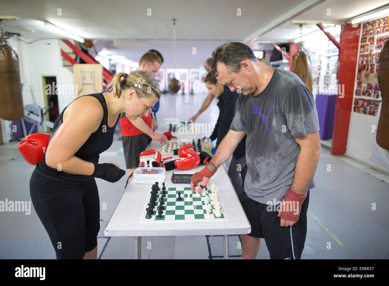 Chessboxing, amateur boxing and chess board game being played alternately  as part of a new surreal sport, Islington, London, UK Stock Photo - Alamy