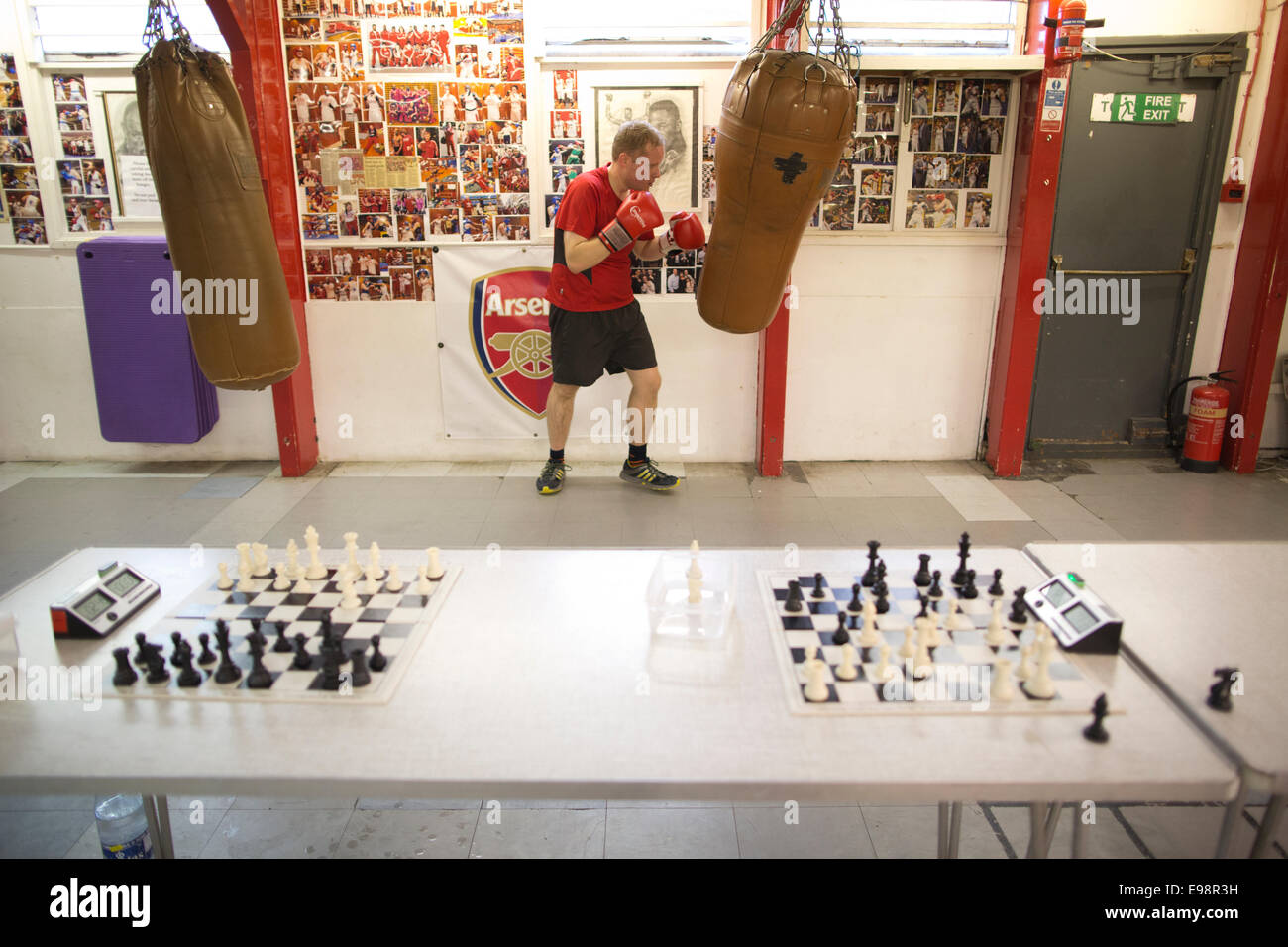 Chessboxing, amateur boxing and chess board game being played