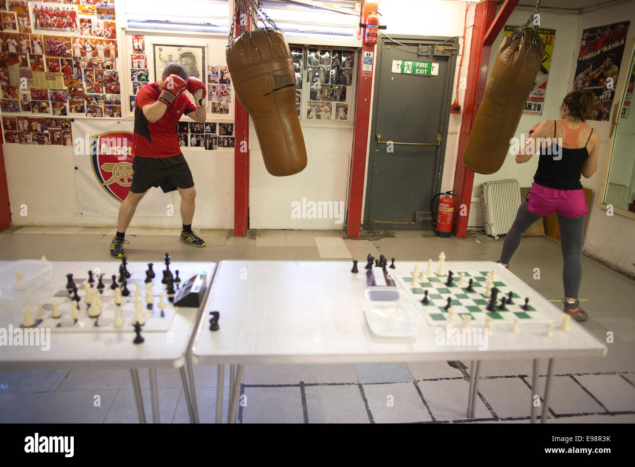 Chessboxing, boxing and chess board game being played alternately as part  of a new surreal sport, Islington, London, UK Stock Photo - Alamy