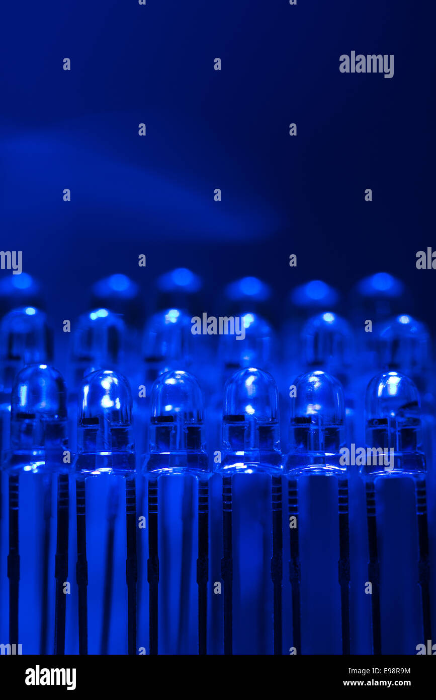 close up of row of light led light emitting diodes as part of a lighting circuit with anode and cathode Stock Photo