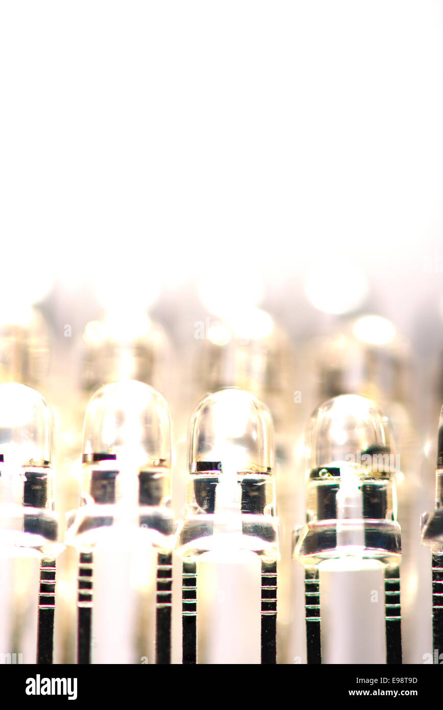 close up of row of light led light emitting diodes as part of a lighting circuit with anode and cathode Stock Photo
