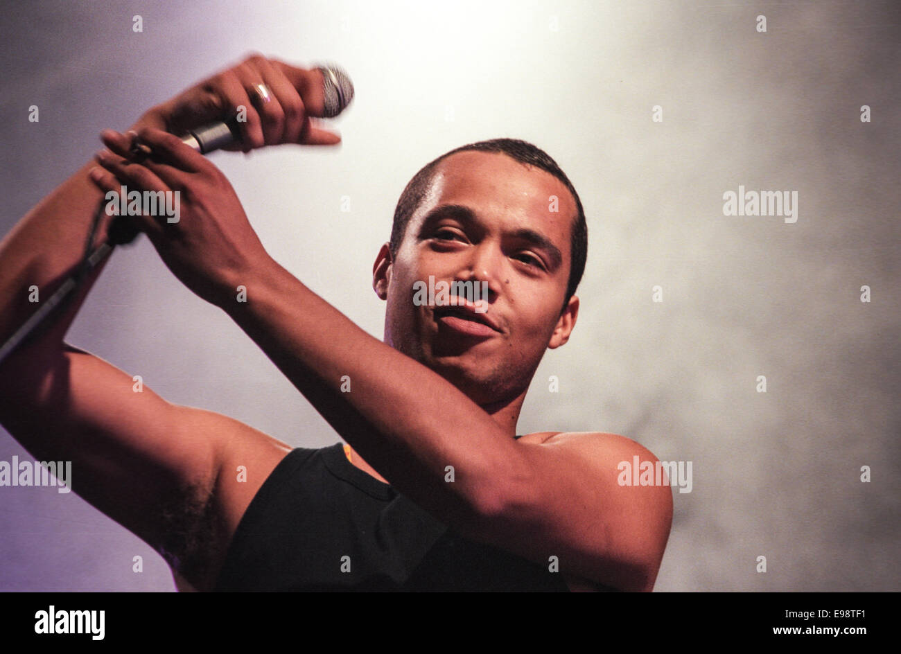 Finley Quaye in concert on stage at 'V97' music festival, in England, in August 1997 Stock Photo