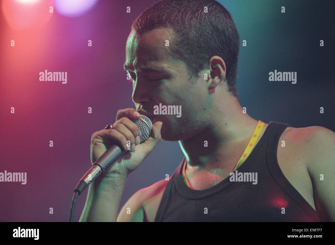 Finley Quaye in concert on stage at 'V97' music festival, in England, in August 1997 Stock Photo