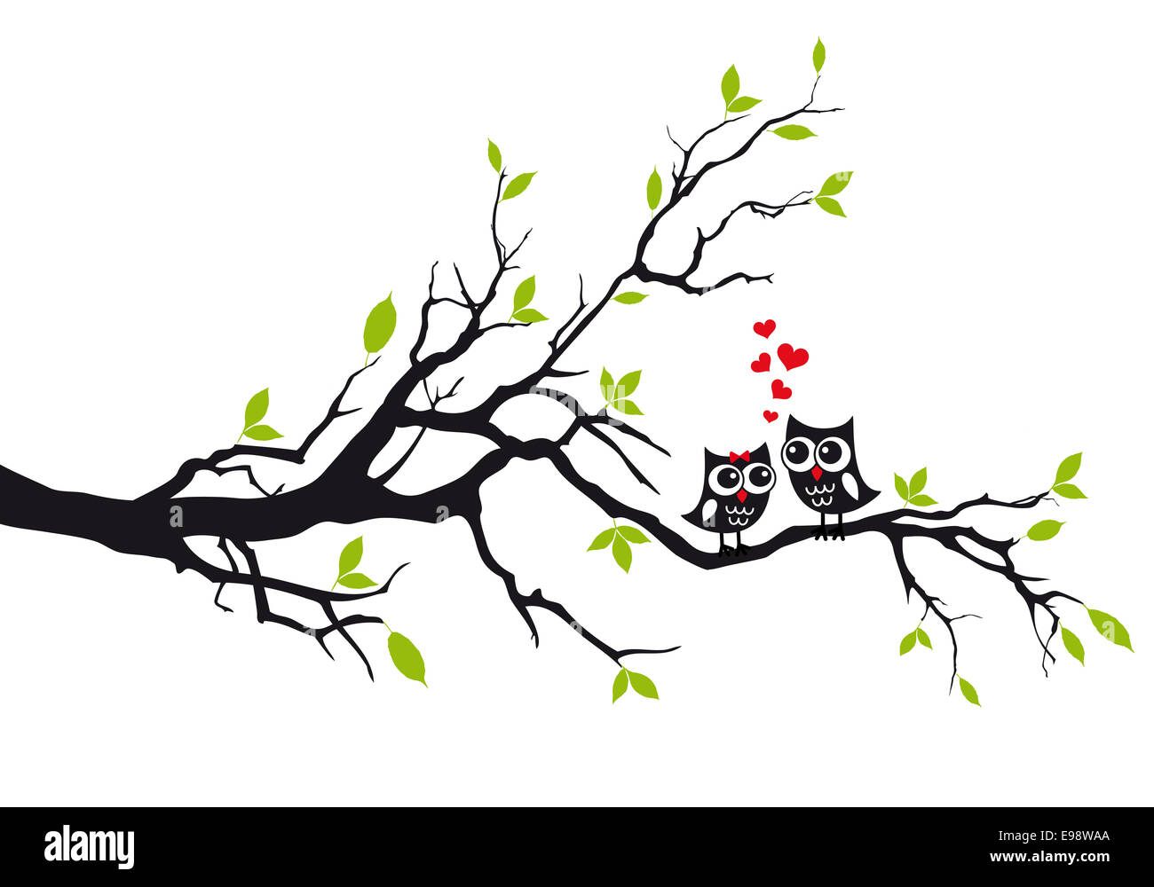 Cute owls in love sitting on green tree, vector illustration Stock Photo