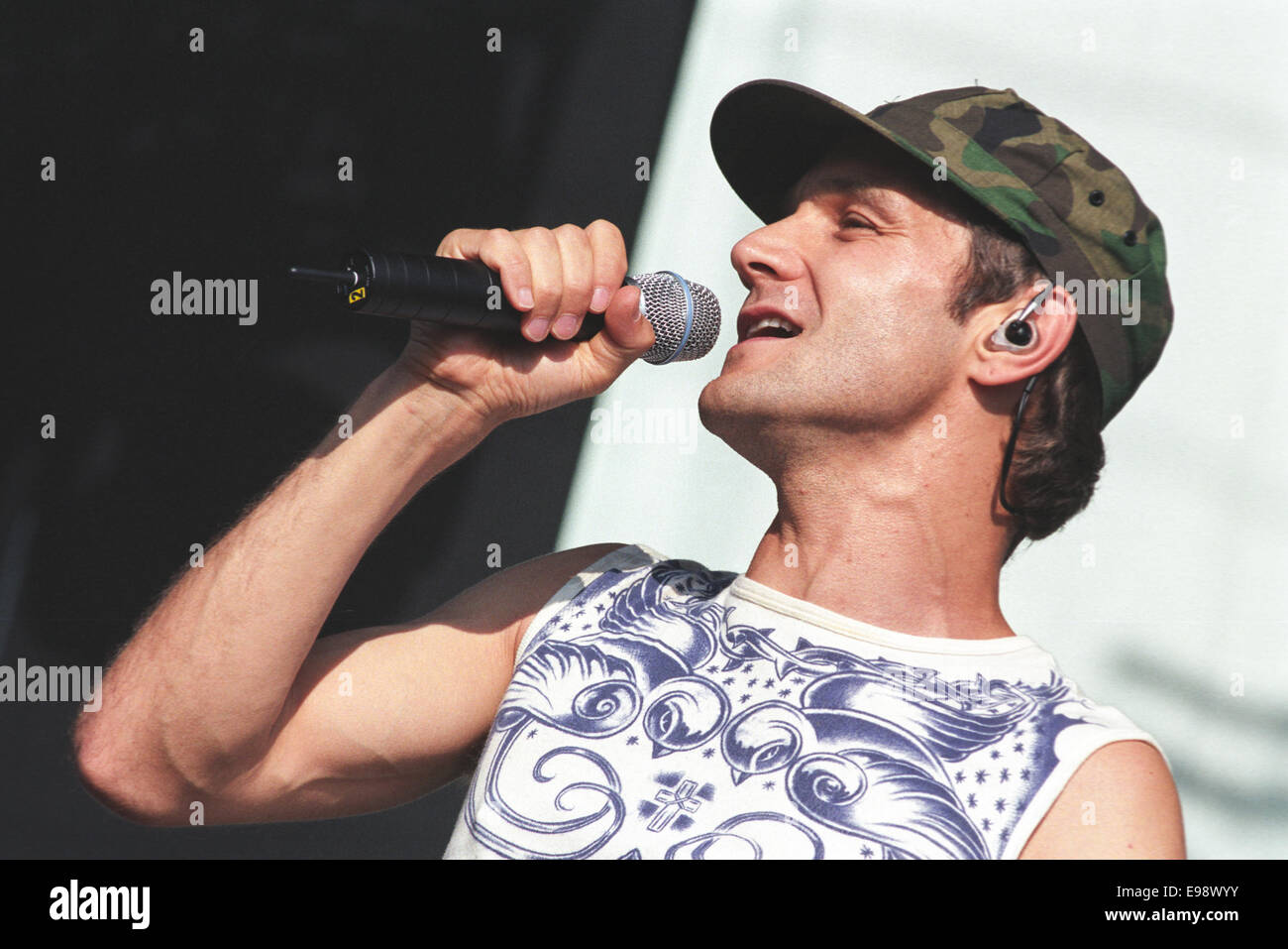 Tim Booth of James at 'T In The Park' music festival, in Scotland, in 1999. Stock Photo