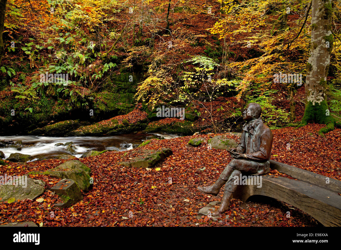 Robert Burns statue, Autumn river Aberfeldy Birks Perth Kinross Perthshire Scotland Stock Photo