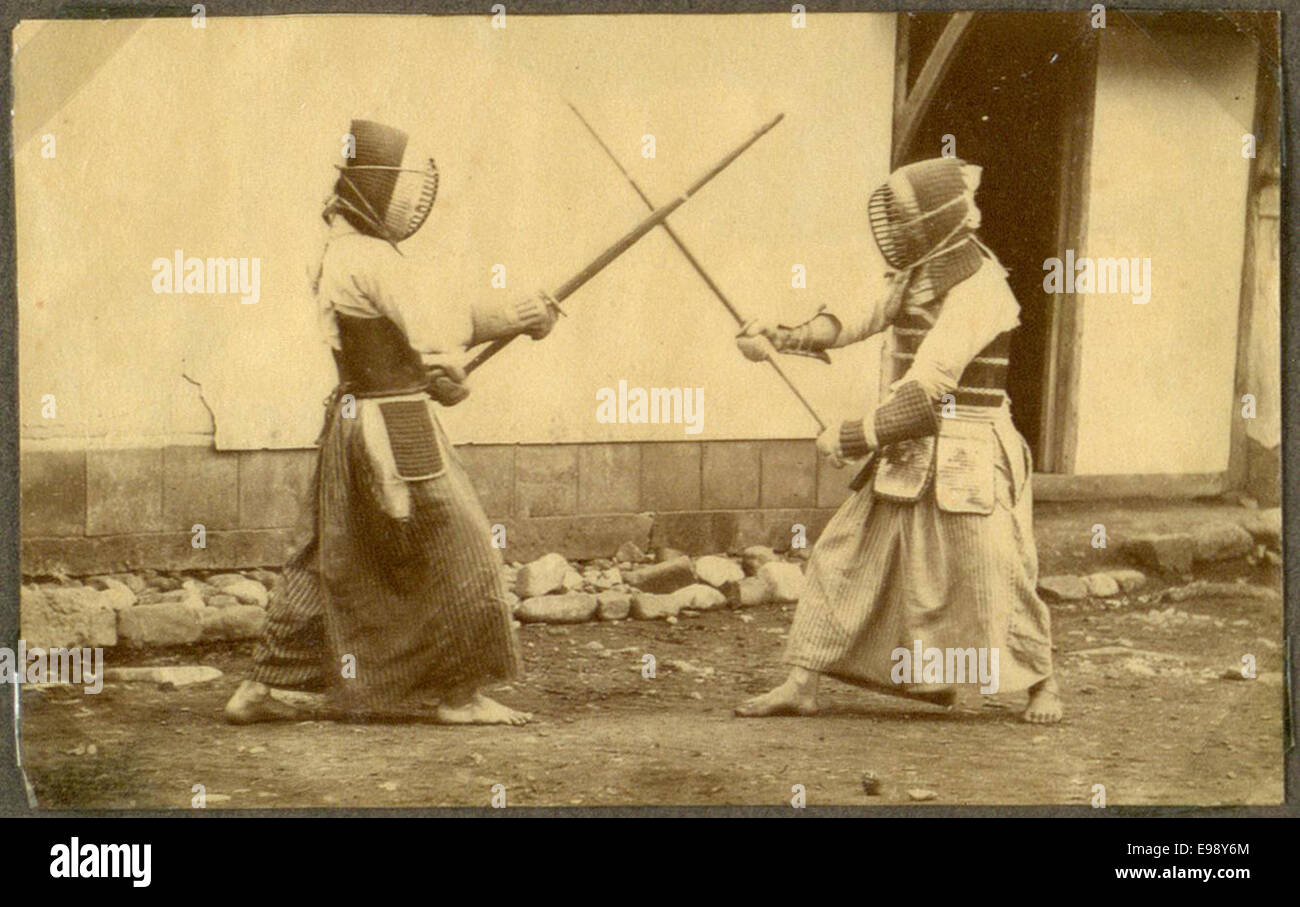 A historical photograph from 1868 depicting the Japanese art of fencing ...