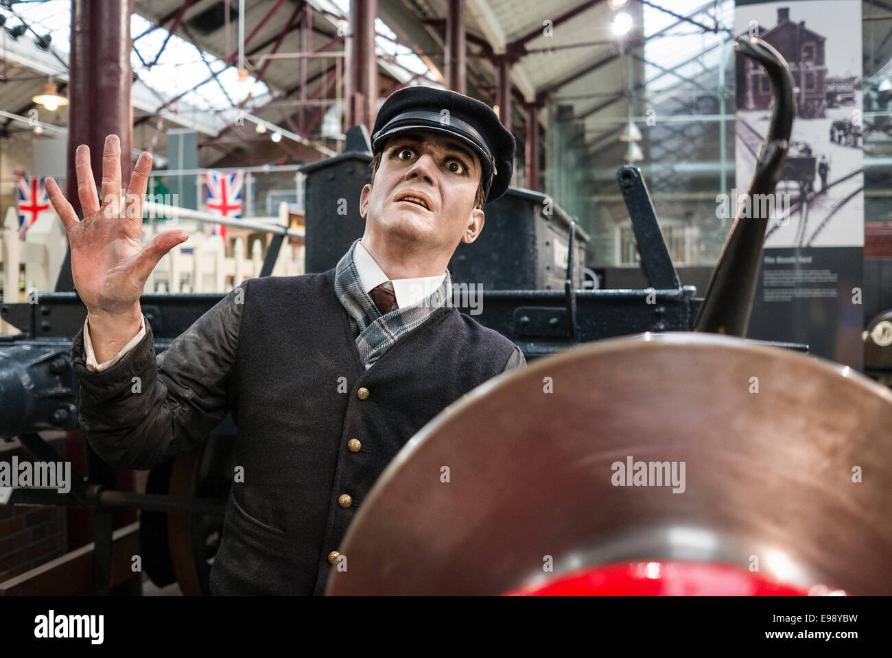 Shunter fearful of being trapped while coupling up trucks on the GWR in bygone times Stock Photo