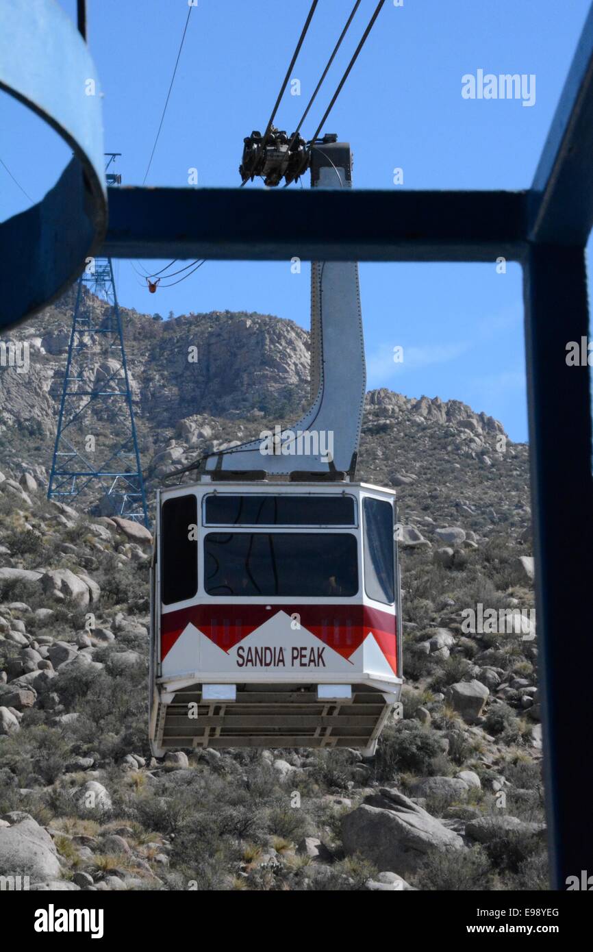 Sandia Peak Tram coming into it's base at bottom of mountain. Stock Photo