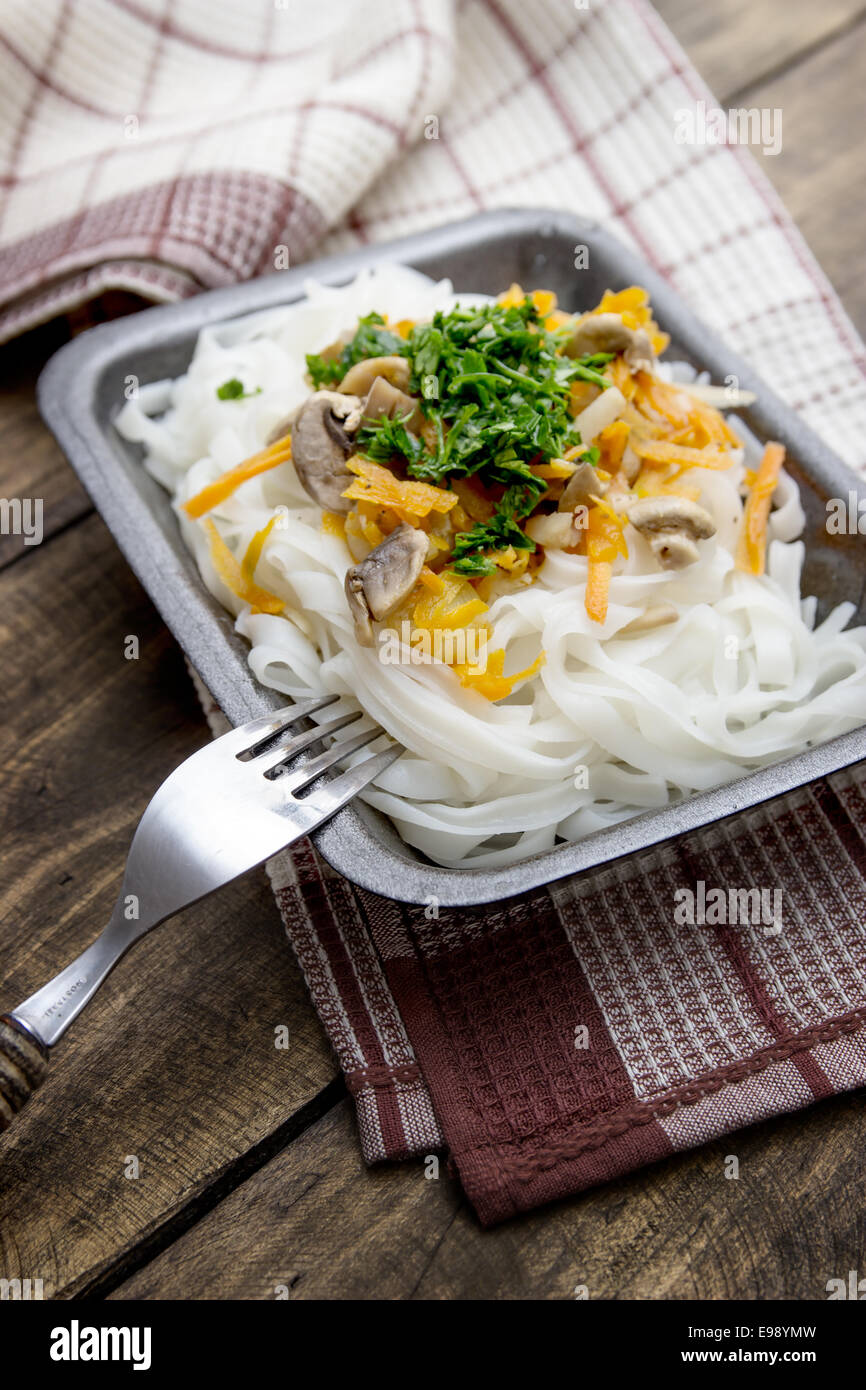 Chinese mix vegetables and rice noodles on table Stock Photo