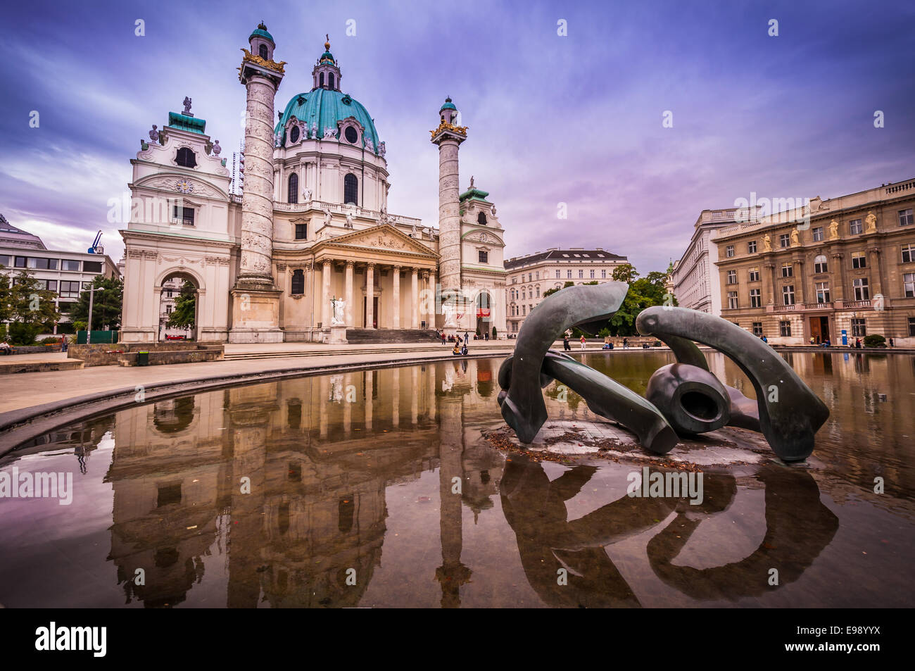 St Charles Church reflects in the pond Vienna Austria. Stock Photo