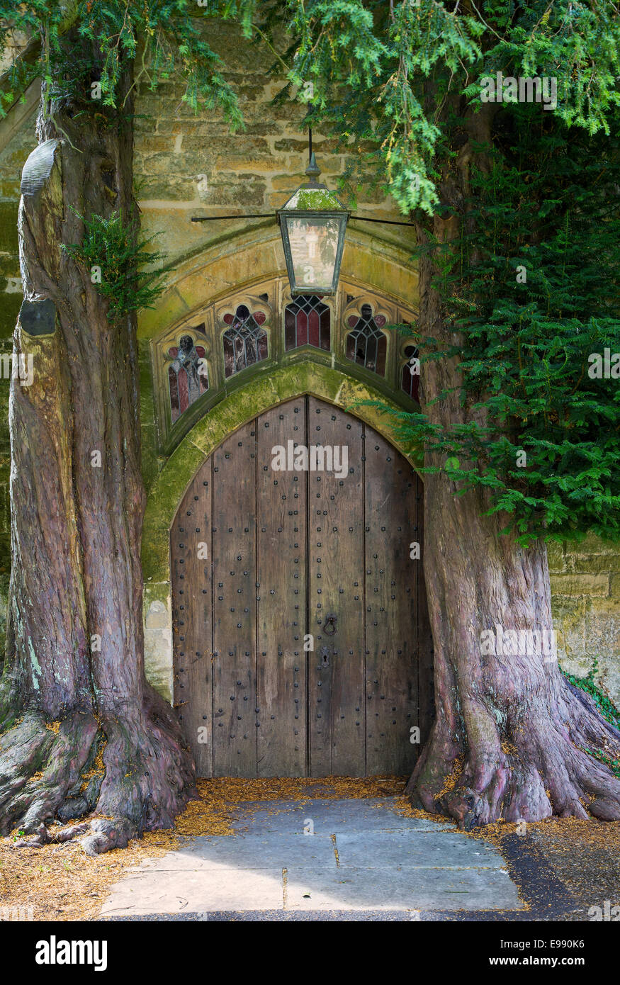 Trees growing around one of the doorways to St. Edwards Church, Stow-on-the-Wold, Cotswolds, Gloucestershire, England Stock Photo