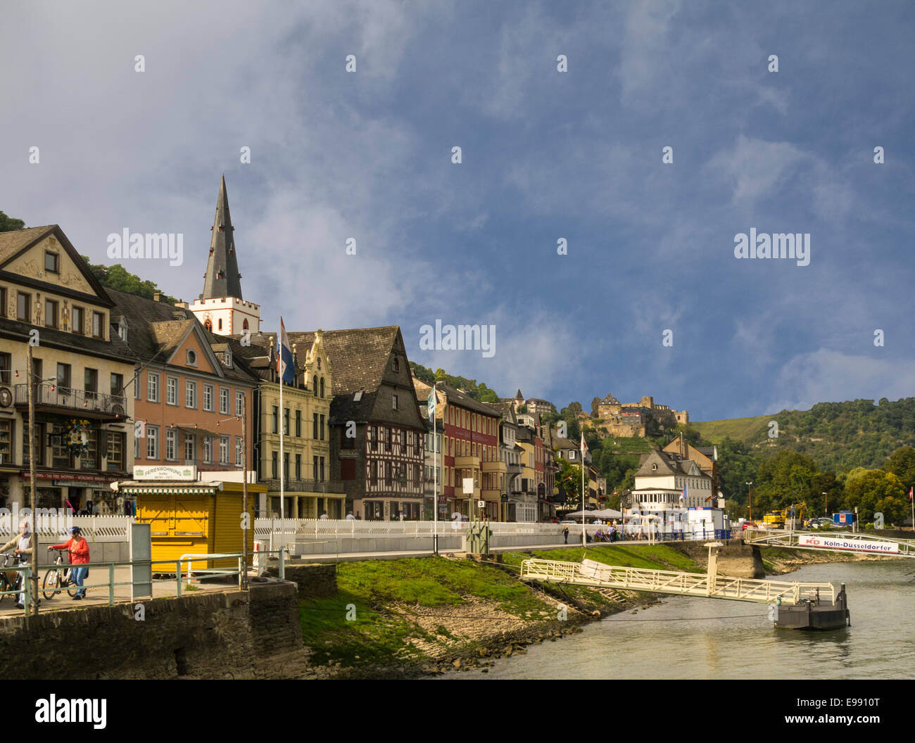 View along St Goar river front with hotels cafes and cruise boat ...