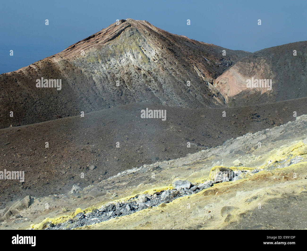 The path to the summit of Gran craters performs sulfur gas fields and toxic gas clouds June