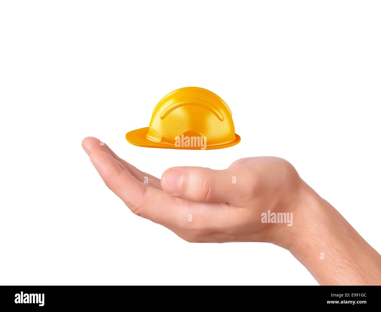 image of hand holding 3d Construction safety Helmet on white background Stock Photo