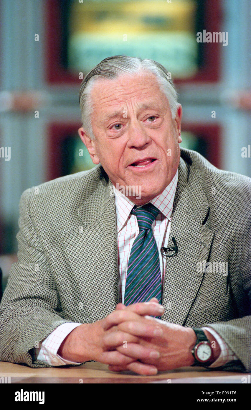 Washington Post Executive Editor Ben Bradlee on NBC's Meet the Press during the 25th anniversary of the Watergate scandal June 15, 1997 in Washington, DC. Bradlee guided the paper through the era of the Pentagon Papers and Watergate died October 22, 2014 at 93. Stock Photo
