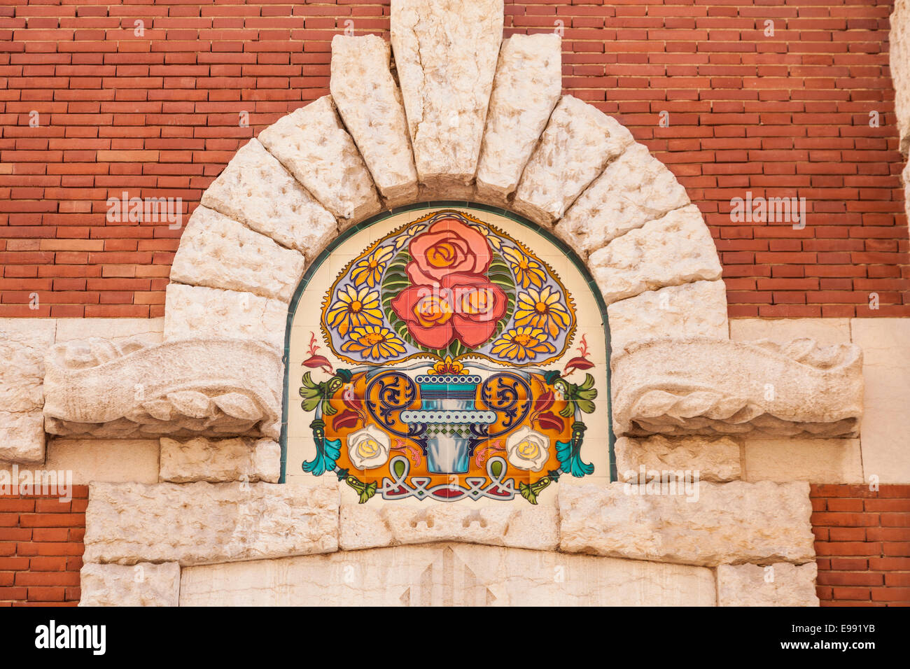 Tiled portico over an entrance to the Colon market in Valencia, Spain. Stock Photo