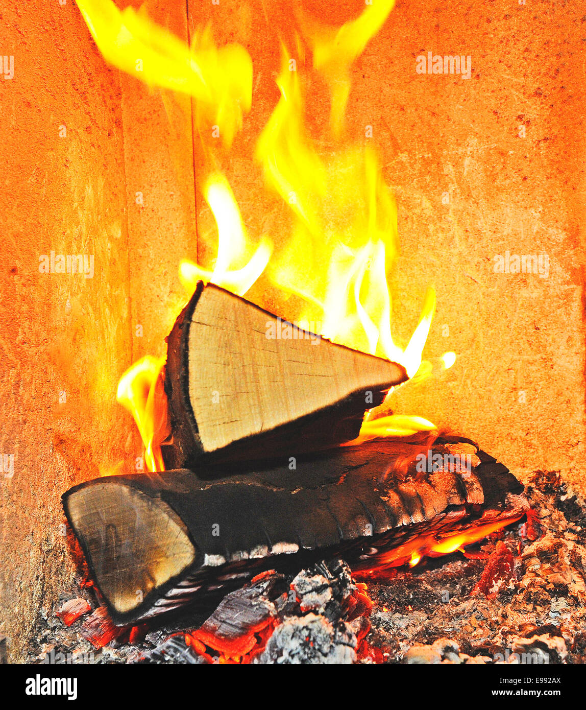 View of burning wood in modern stove  in Tuebingen, southern Germany, on  Oct. 22, 2009. , southern Germany,. Stock Photo