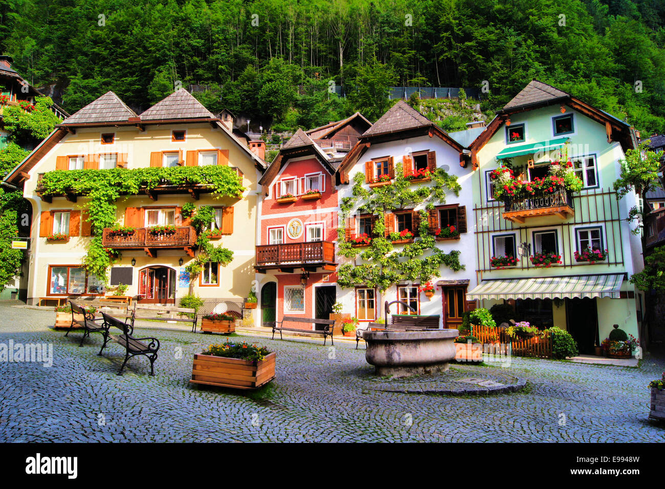 Colorful and picturesque village square in Hallstatt, Austria Stock Photo