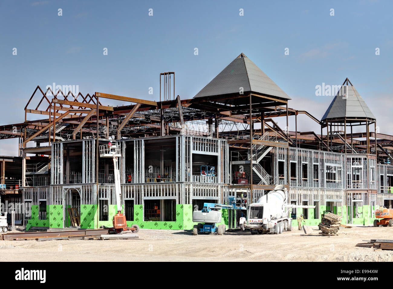 Steel studs used to frame in a large commercial building. Stock Photo