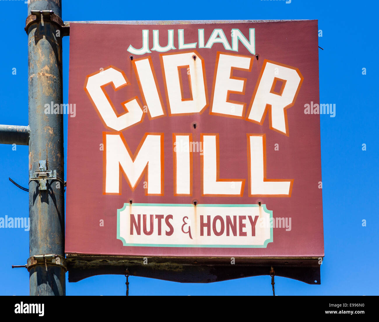 Cider Mill sign on Main Street in the historic old town of Julian, San Diego County, California, USA Stock Photo