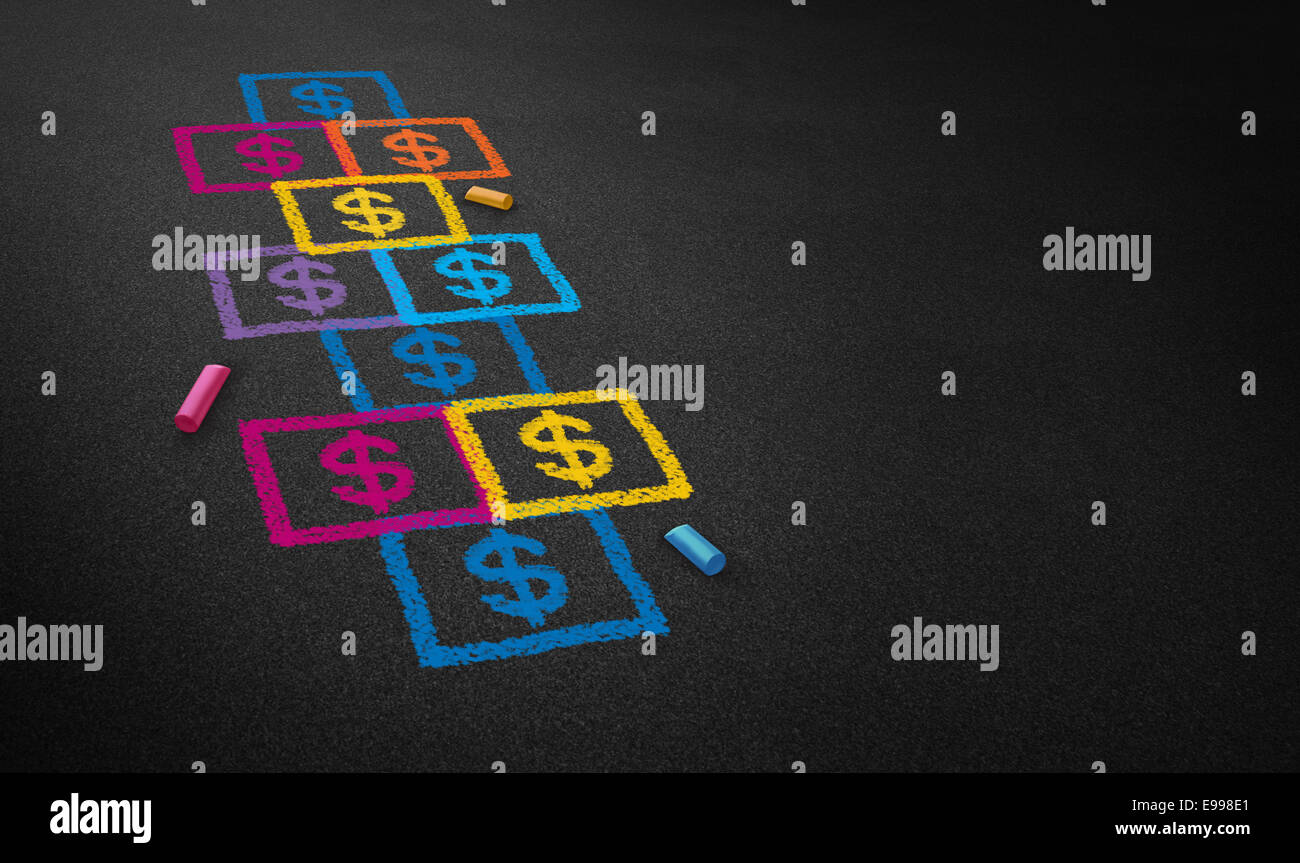 Paying for school concept and education financing business concept as a chalk drawing of a hopscotch game on a floor with dollar signs as a symbol of student loans and paying for affordable schooling fees in private and public system. Stock Photo
