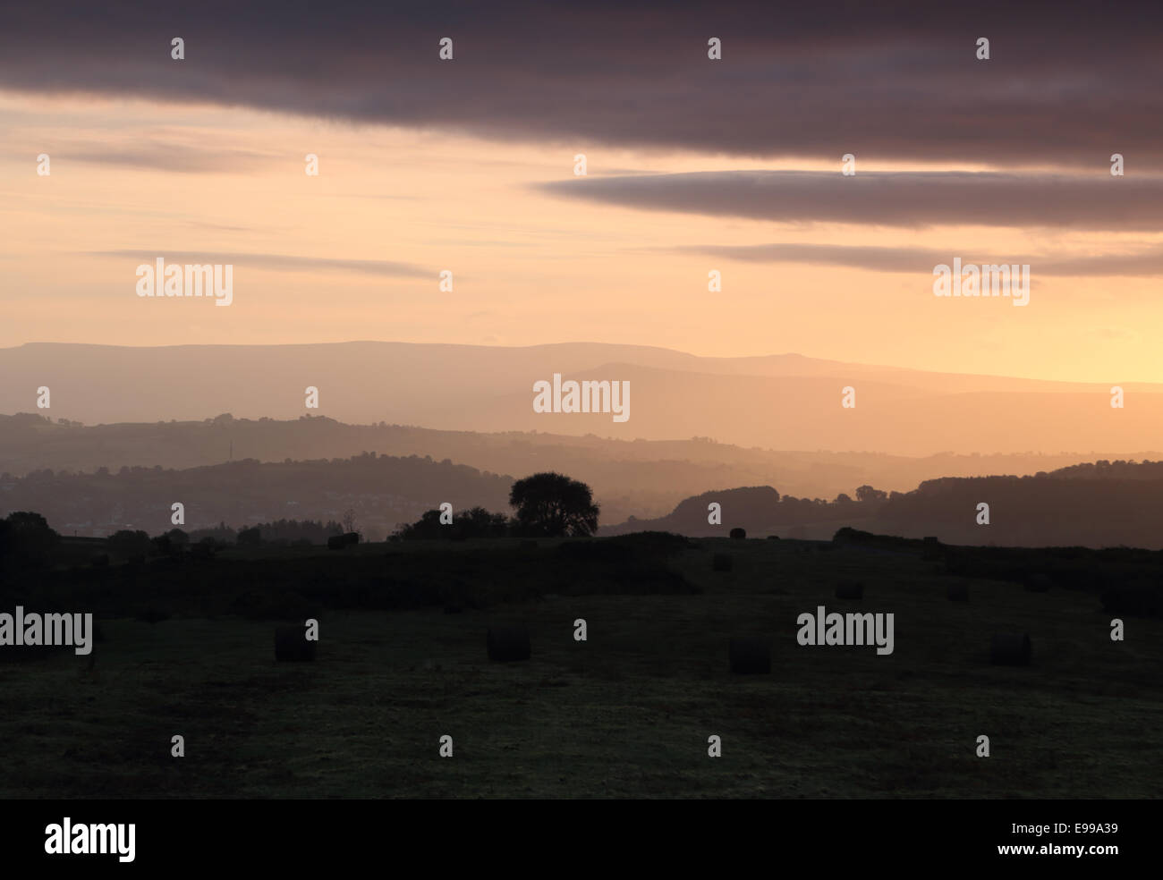 Golden dawn light over Welsh countryside Stock Photo