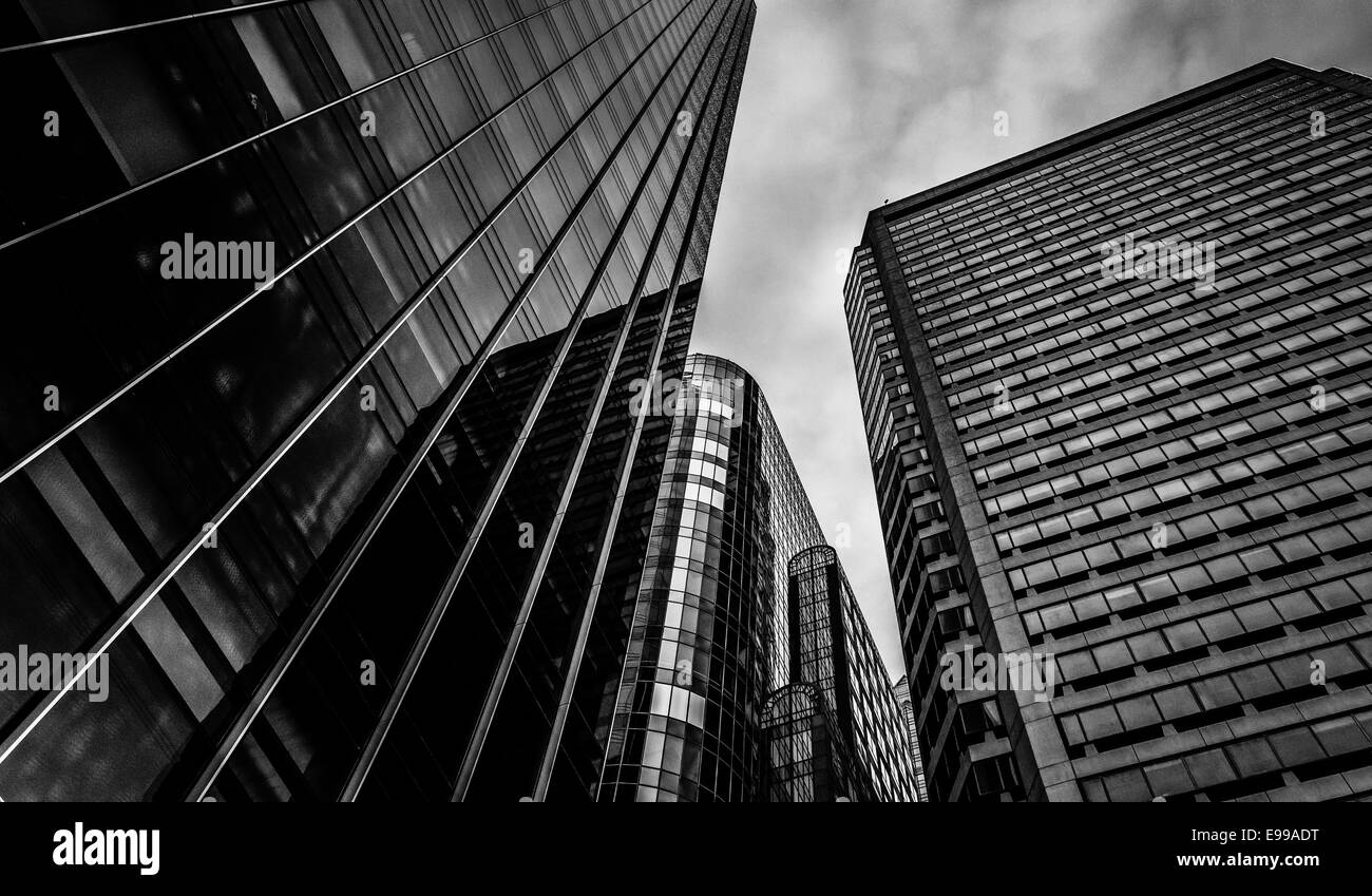 Looking up at modern buildings under a cloudy sky in Philadelphia ...
