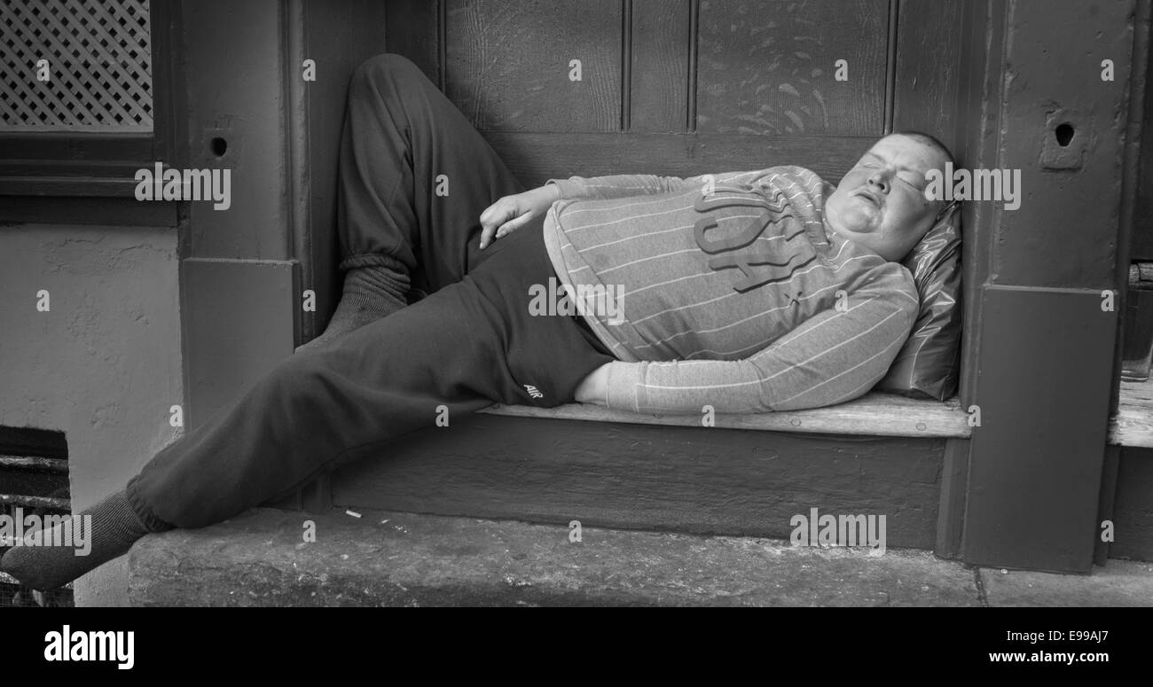 drunk man in doorstep,  London homeless man Stock Photo