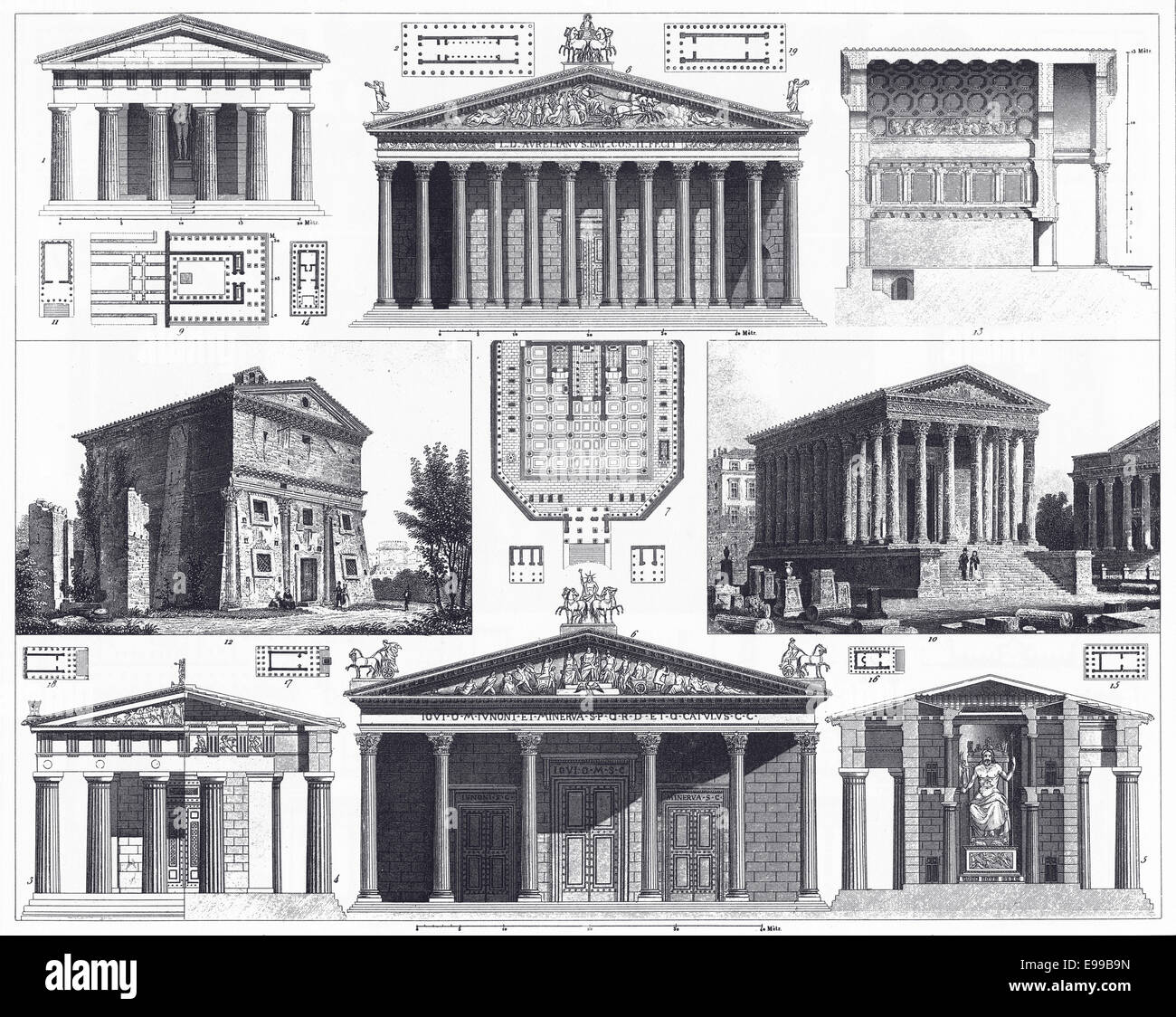 Engraved illustrations of Greek and Roman Temples from Iconographic Encyclopedia of Science, Literature and Art, 1851. Stock Photo