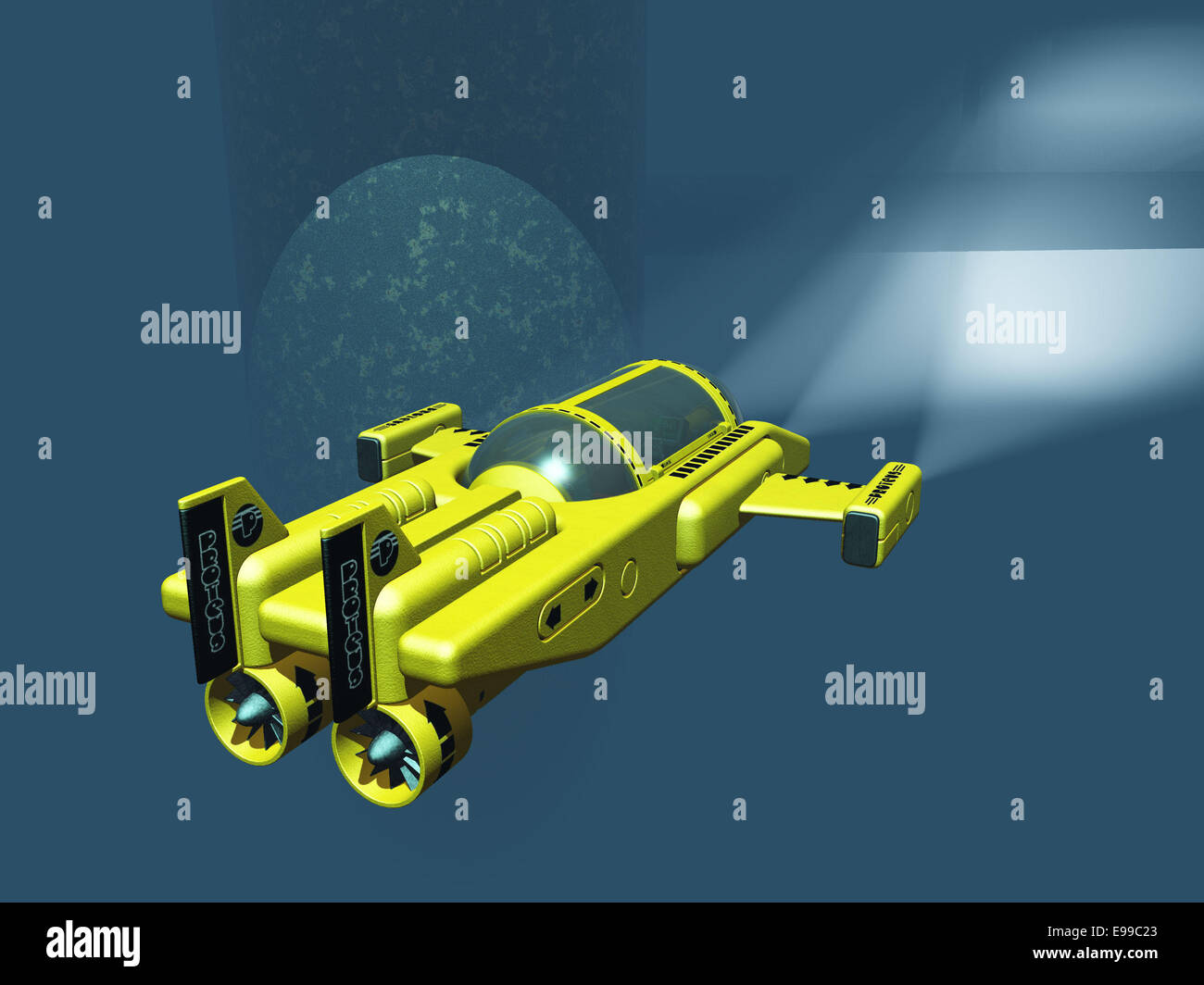 Mini two man submarine using spotlights to examine oil rig supports Stock Photo