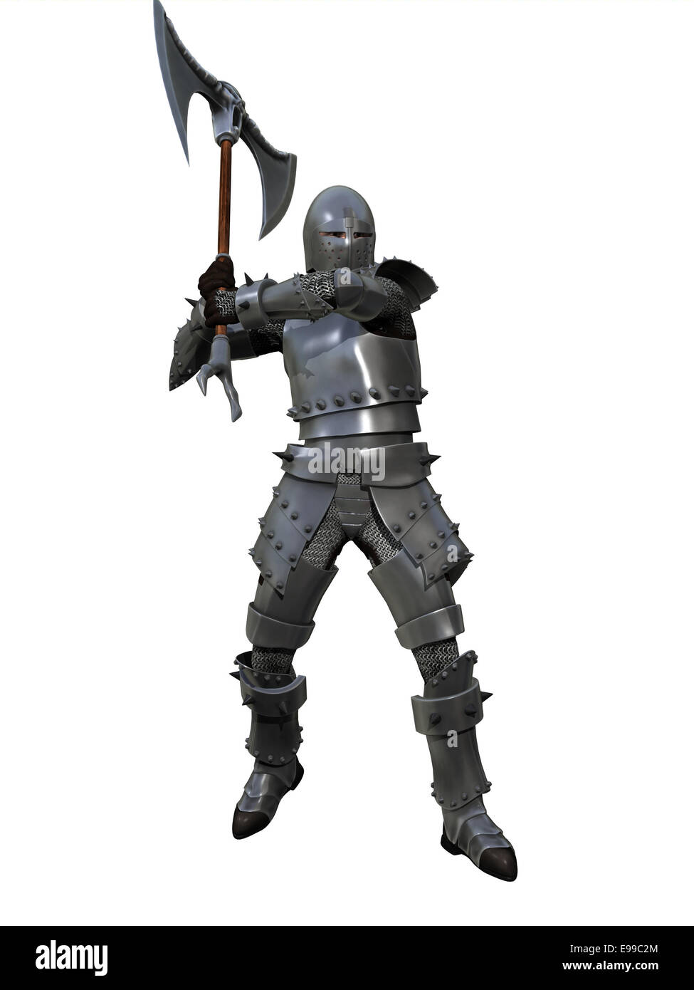 Armoured medieval knight brandishing war axe Stock Photo