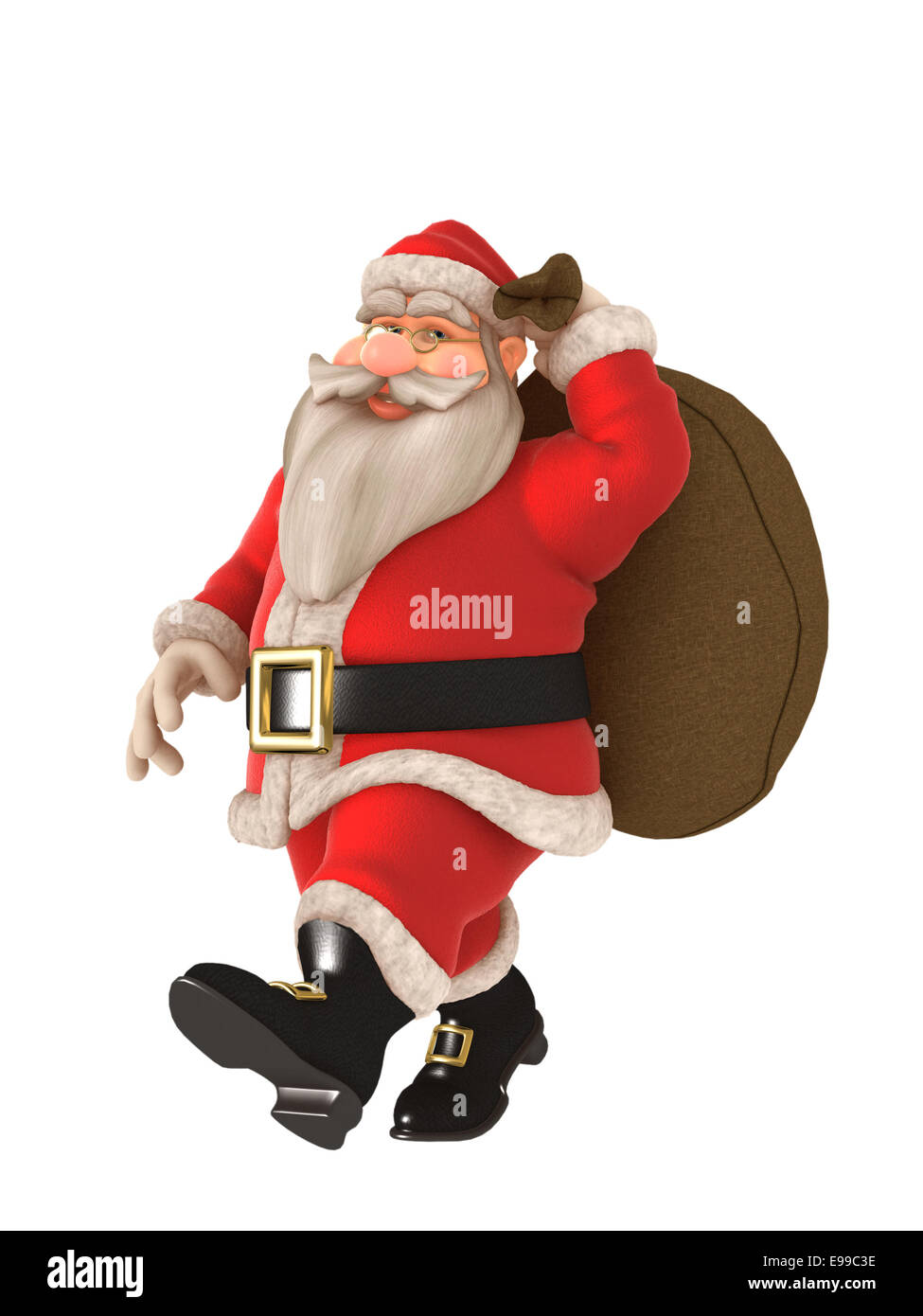Toon Santa with twinkling eyes and glasses carrying toy sack Stock Photo