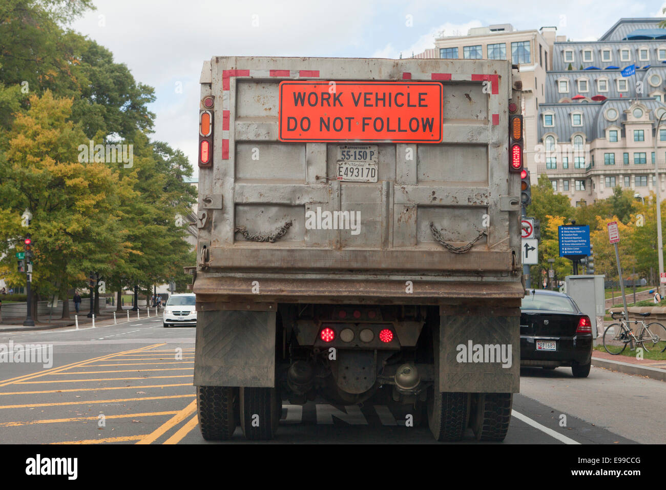 Do Not Follow sign on back of dump truck USA Stock Photo Alamy