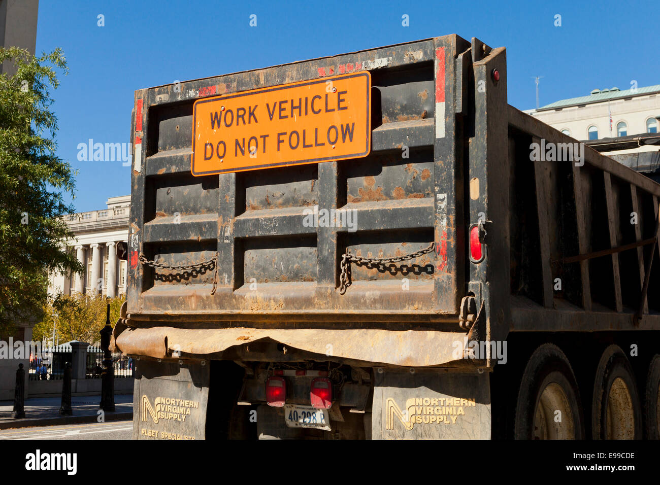 Do not follow warning message of construction work truck USA Stock Photo Alamy