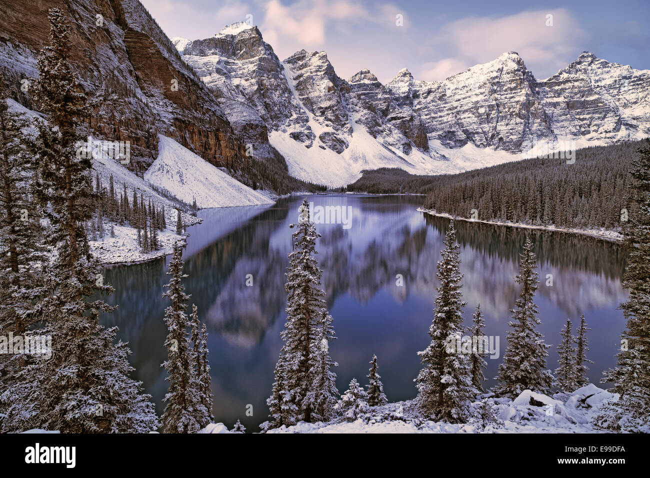 Autumn snowfall at Moraine Lake with the Valley of Ten Peaks in Alberta's Canadian Rockies and Banff National Park. Stock Photo