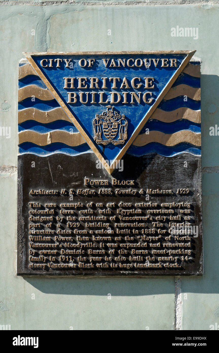 Heritage building plaque on the facade of the Power Block in downtown